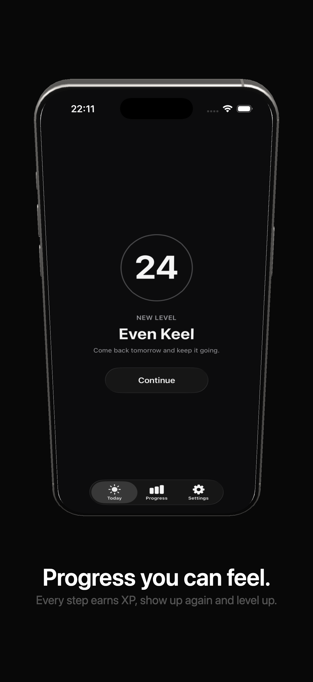 A new level screen: the number 24 inside a ring, the label New level, the name Even Keel, and the line "Come back tomorrow and keep it going."